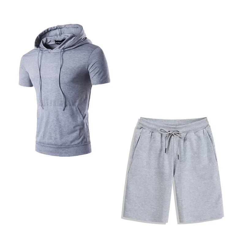 Summer Men Tracksuit Hooded Short Sleeve T Shirt and Shorts Two Pieces Set Solid Color Casual Breathable Male Joggers Outfits