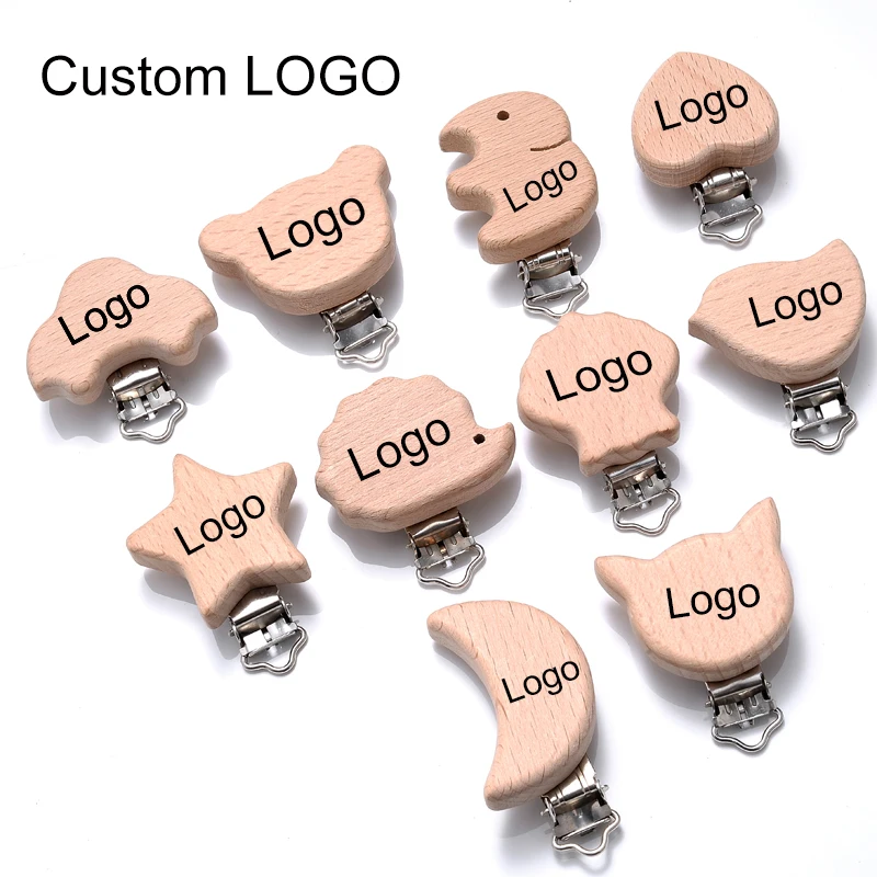 

200Pcs Customize Logo Beech Pacifier Clips Personalized Name Letter Pattern Wooden Clips Baby Teether Nursing Chew Accessories