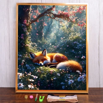 Kit de démarrage de broderie pour débutants, Kits de points de croix à motif de renard d'arbre pour adultes, tissu imprimé avec Kits de broderie à la main 1
