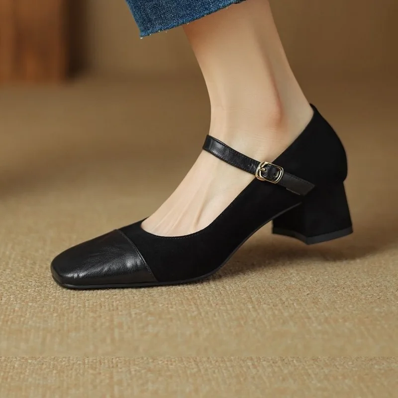 

Women's 2024 Shoes Retro Cozy Thick Heels Spring Autumn Buckle Pumps Sheepsuede Mary Jane French Simple Shoes On Heel 4.5 CM