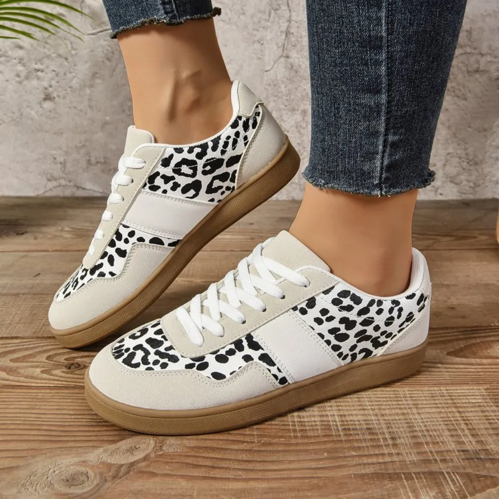 Retro Leopard Print Women's Deqin Shoes Handmade round Toe Large Size Matching Lace-Up Board Shoes Autumn Seasonal Casual Footwe