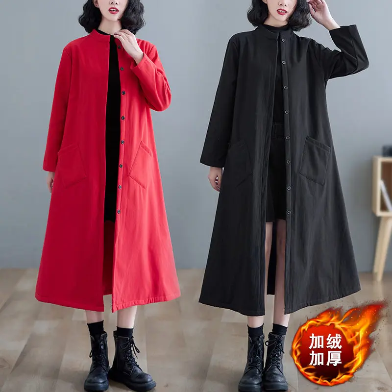 

Fleece Jacket Women Long 2022 Autumn And Winter Cotton Linen Coat Padded Velvet Thickened Literary Loose Retro Windbreaker T660