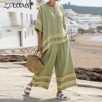 Spring Half Sleeve O-Neck Top Casual Pants Set Woman Vintage Contrast Striped Print Loose 2pcs Suit 2025 Female Vacation Outfits