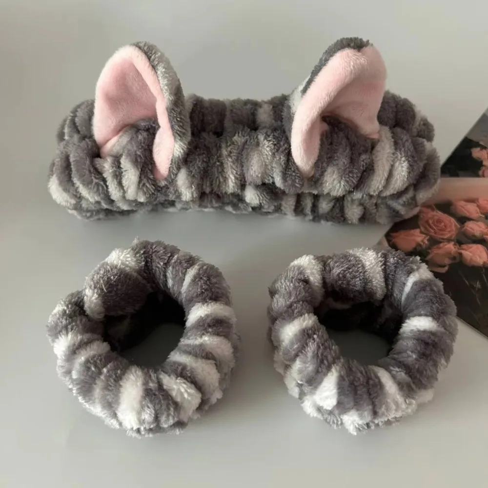 3 teile/satz Nette Katze Ohr Leopardenmuster Plüsch Stirnband Für Frauen Mädchen Spa Waschen Gesicht und Make-Up Stirnband Elastische Handgelenk strap – Detail 7