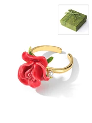 Exquisite Adjustable 18K Gold Plated Enamel Rose Ring for Women - Elegant Wedding Party Fine Jewelry (Basic Packaging)