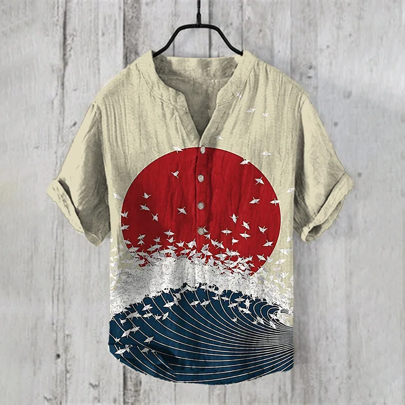 

Рубашка Мужская льняная с коротким рукавом, удобная блуза оверсайз, с волнистым закатом, на пуговицах