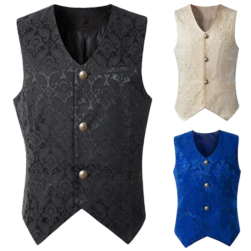 2024  Vest Men Renaissance Steampunk Coat Gothic Jacquard Waistcoat Single Breasted Business Formal Dress Vest for Suit 2