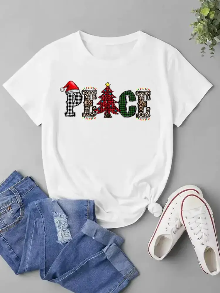 

Print Top Fashion T Shirt Clothes Christmas New Year Tree Plaid Trend Cute Graphic T-shirt Women Female Ladies Clothing Tee