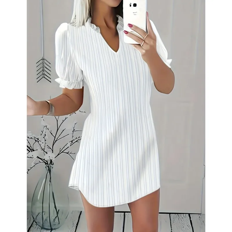 

Autumn New Fashion Solid V-Neck Ruffled Short Sleeve Elegant Loose Fitting Dress For Women's Middle Dress White Dress