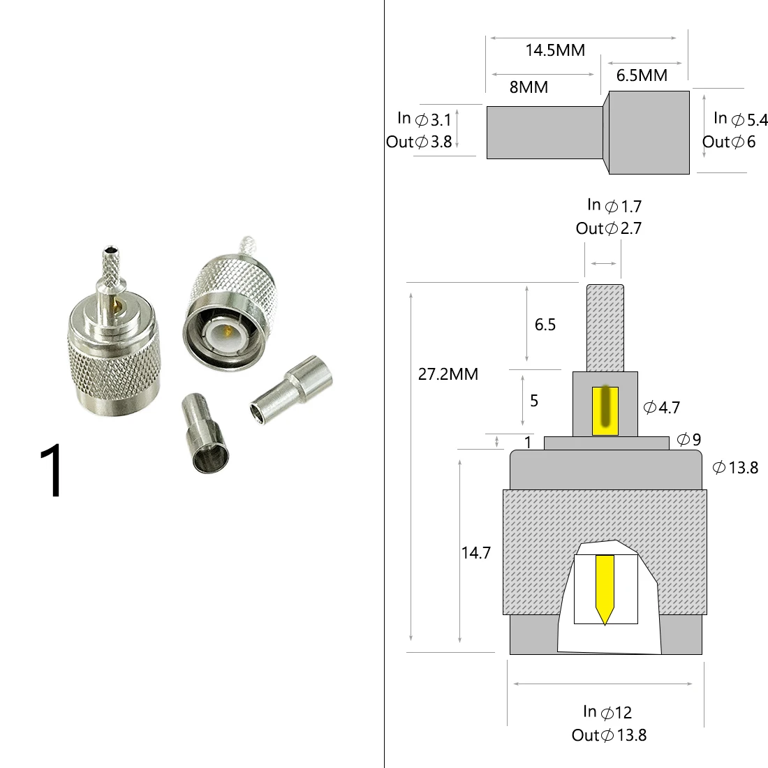 1-4 Stück TNC Stecker/Buchse HF-Koaxialverbinder Crimpanschluss für RG316 RG174 RG58 RG142 Kabel, Kupfer vernickelt, mit Zeichnung, NEU – Detail 2
