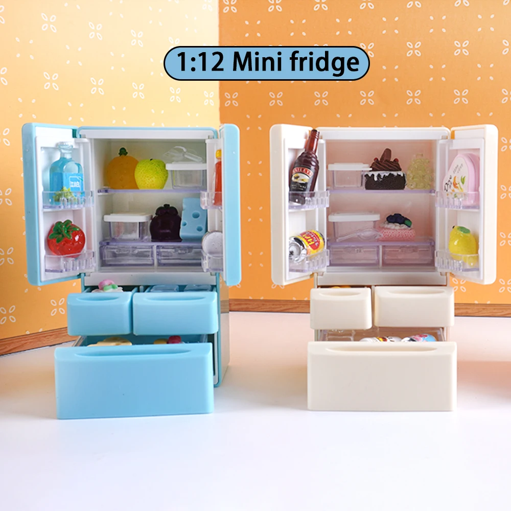 Miniature Dollhouse Furniture Miniature Double-Door Fridge 1:12 Dollhouse Furniture Cooking Bench Refrigerator Freezer Toy Kitchen Home Decoration Accessories