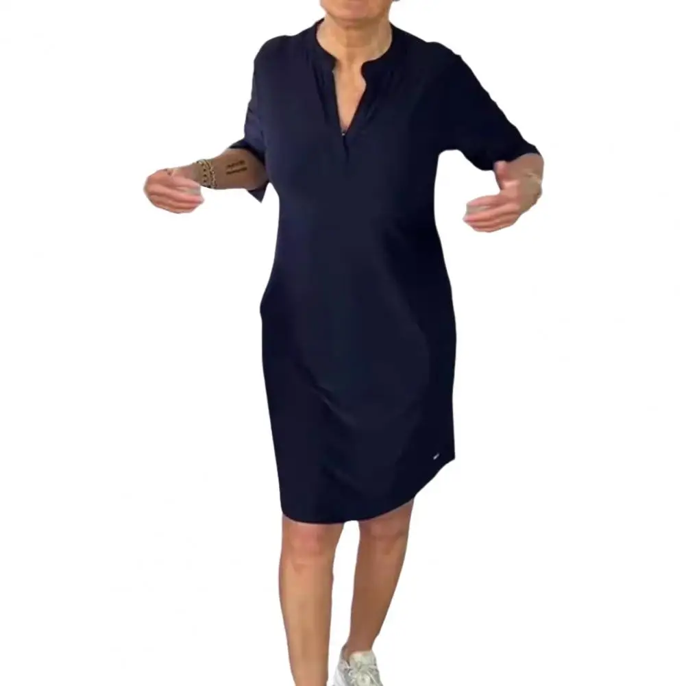 

Loose Fit Midi Dress Loose Fit Dress Elegant V Neck Midi Dress with Side Pockets for Women Solid Color Knee Length for Office