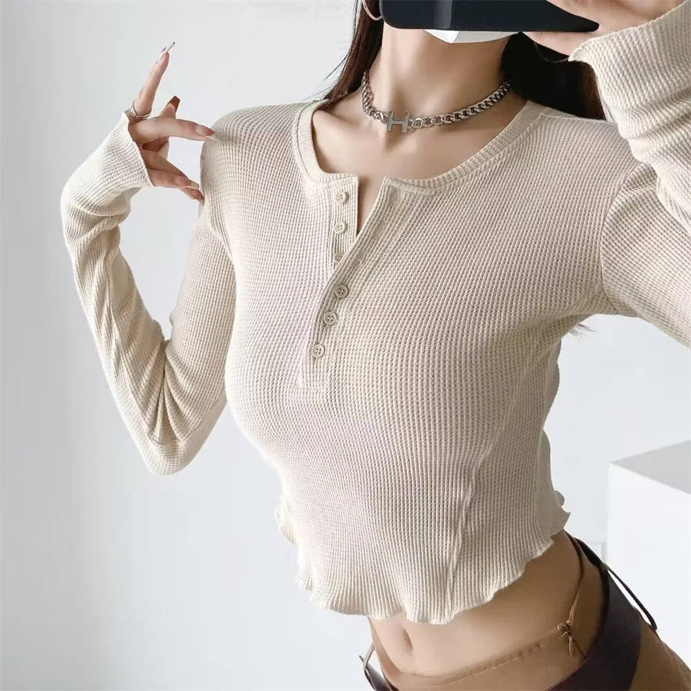 

Round neck single-breasted long-sleeved T-shirt Waffle waist tight navel bottoming shirt