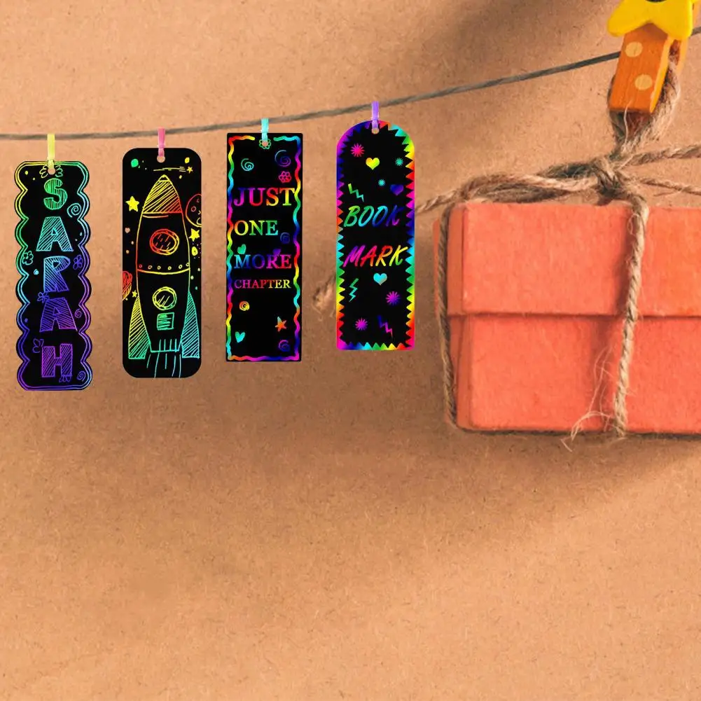 48Pcs Scratch Bookmark with 48 Ribbons 24 Wood Stylus Hanging Hole Bookmark Gift Tag DIY Rainbow Scratch Paper Art Set