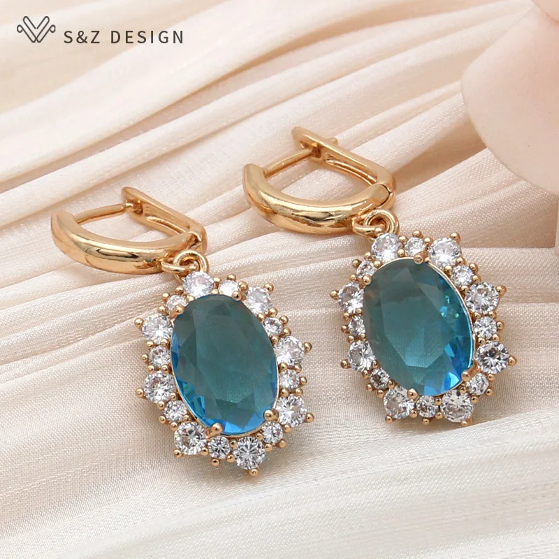 S&Z DESIGN New Fashion Egg Shape Oval Cubic Zirconia Dangle Earrings For Women Elegant Jewelry 585 Rose Gold Color Eardrop