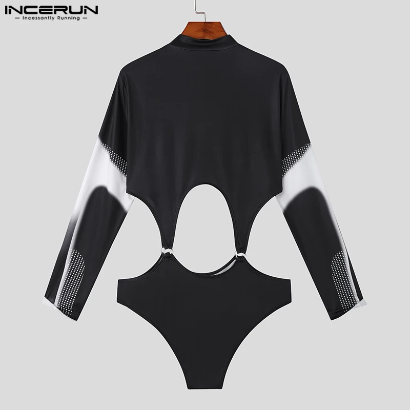 INCERUN 2023 Sexy Homewear Men Jumpsuits Locomotive Wind Hollowed Tight Bodysuits Casual Male Cropped Long Sleeved Rompers S-5XL