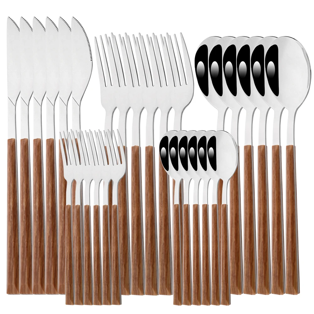 

Drmfiy 30Pcs Wood Handle Silver Dinnerware Steak Knife Fork Spoons Cutlery Set Stainless Steel Flatware Kitchen Tableware Set