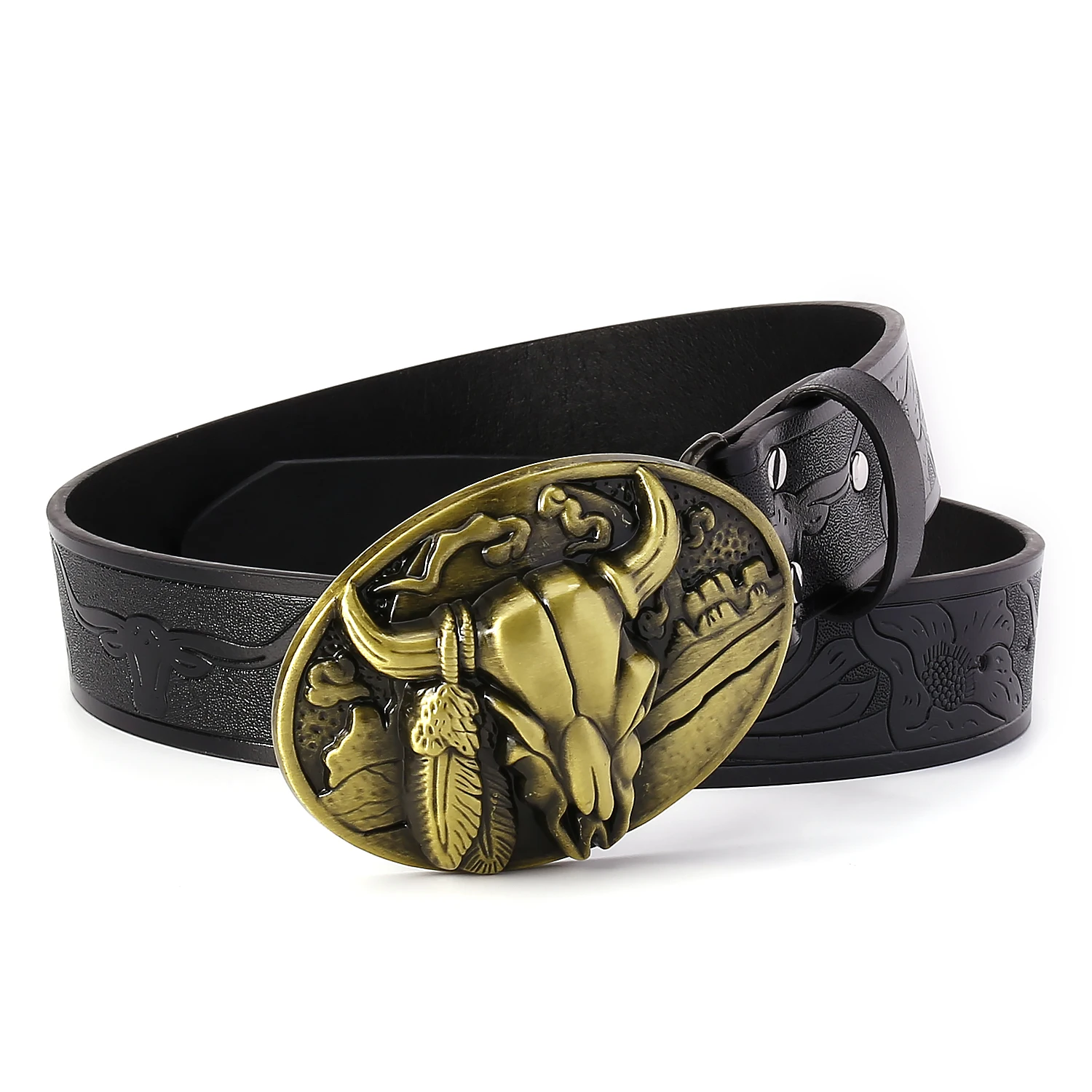 Classic retro Cow Head Belt Cowboy Essential Engraving Embossed Texture Three-dimensional Buckle Head plaid and Durable