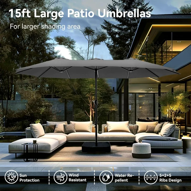 15ft Large Patio Umbrellas with Base, Outdoor Double-Sided Rectangle Market Umbrella for Pool Lawn Garden, Light Gray 3