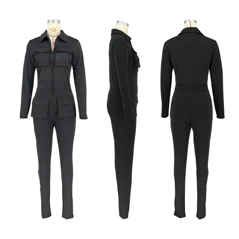 BTQWFD Jumpsuits for Women Bodysuit Female Clothing Autumn Winter Long Sleeve Fashion Ladies Casual Zipper with Pocket 2024 New