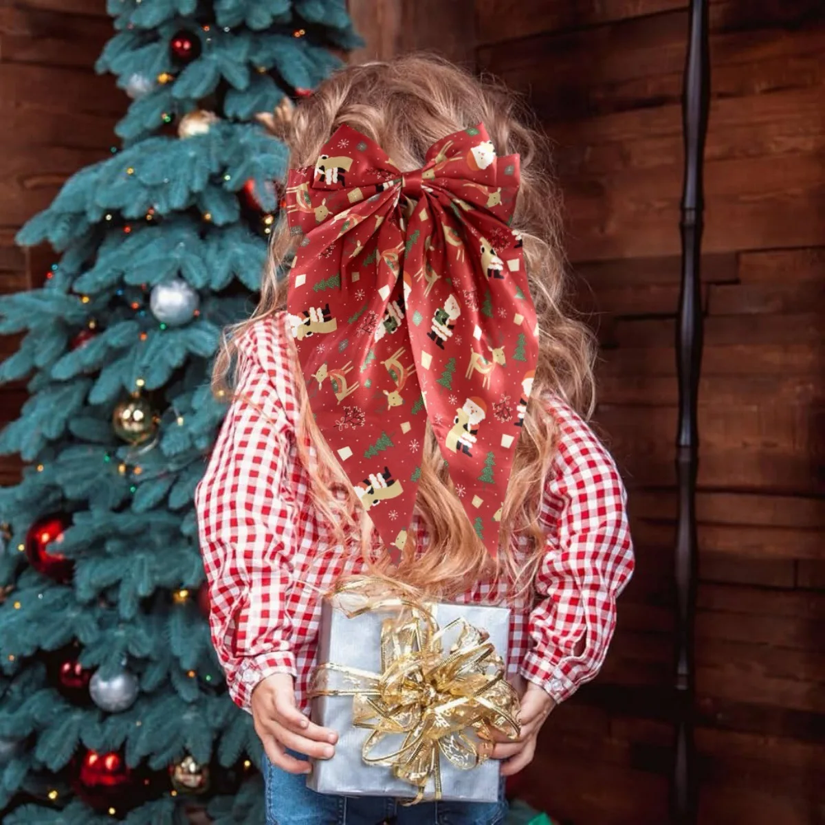 1PC Christmas Bow Hair Accessories Set, Festive Snowflake Santa Printed Satin Hair Bows, Red Green Xmas Hair Decor For Women