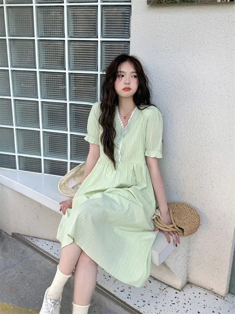 

Women 2024 Summer Fashion French Short Sleeve Loose Dress Female Long A-line Dresses Ladies V-neck Solid Color Vestidos M181