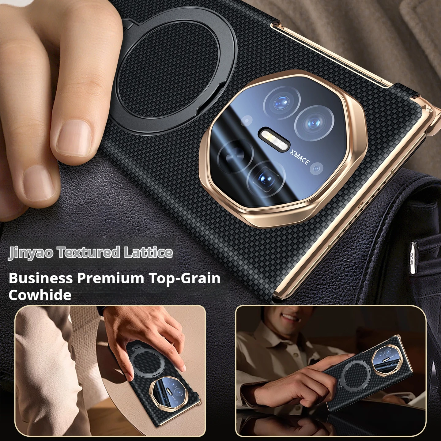 High-End Cowhide Leather Folding Smart Flip Phone Case with Rotating Bracket