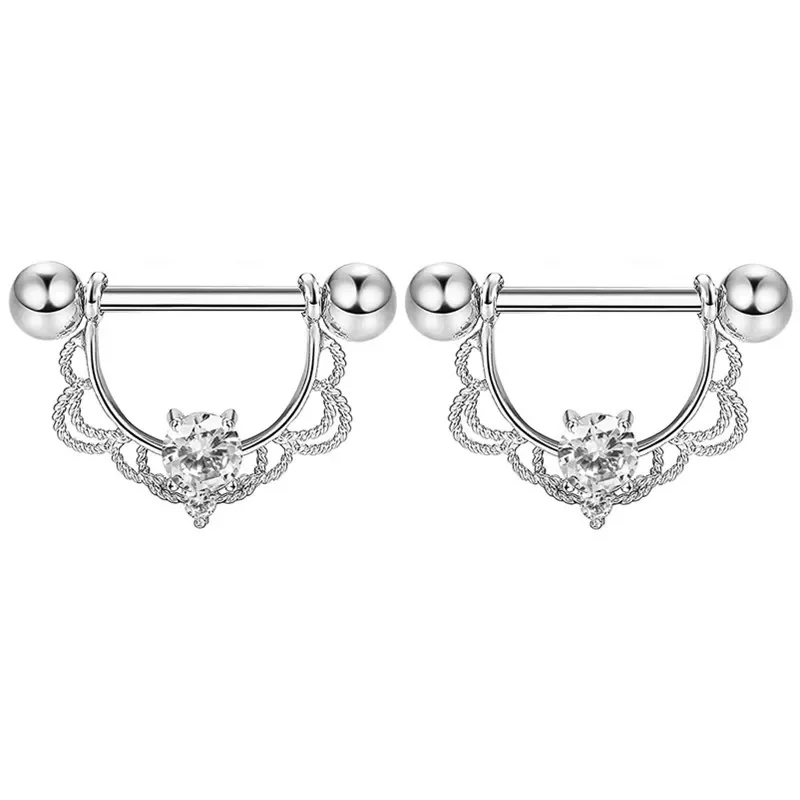 Pink Heart Crystal Flower Nipple Jewelry Set - Shiny Barbell Collection