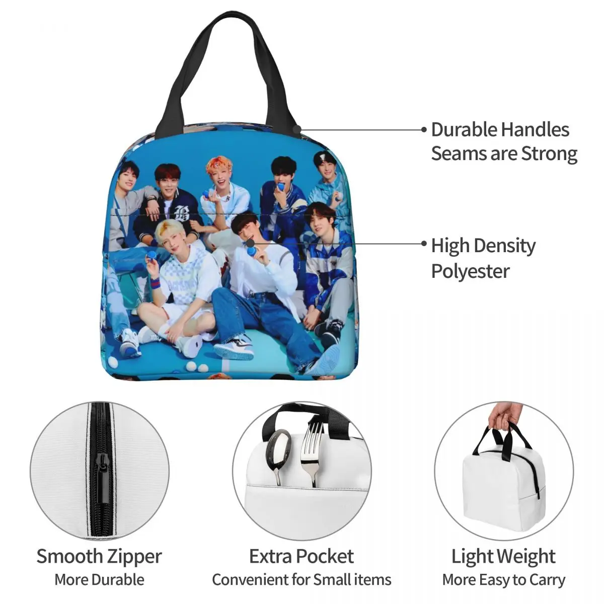 Kpop Star Singer Idol Insulated Lunch Bag Thermal Bag Reusable A-ATEEZ ATINY Portable Lunch Box Tote Food Storage Bags School