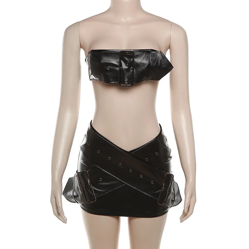 Women Sexy Club Pu Leather Hipster Street Slim 2 Piece Set Spring Autumn Strapless Buckle Crop Tank Top High Waist Mini Skirt