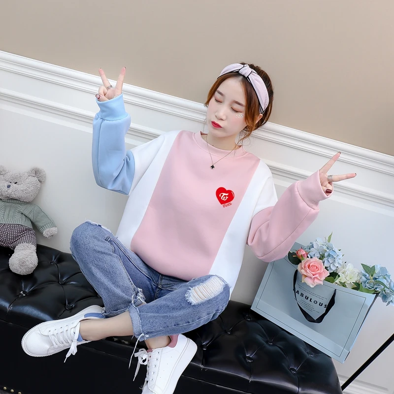 

Oversized hoodie Kpop Girl's Group Twice Team Capless Tzuyu Fans Uniform Contrast Color Patchwork Sweatshirt y2k woman clothes