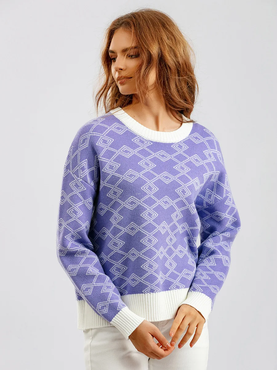 

CamKemsey Women Winter Sweaters Autumn Casual O-Neck Vintage Geometric Jacquard Loose Long Sleeve Knitted Pullovers