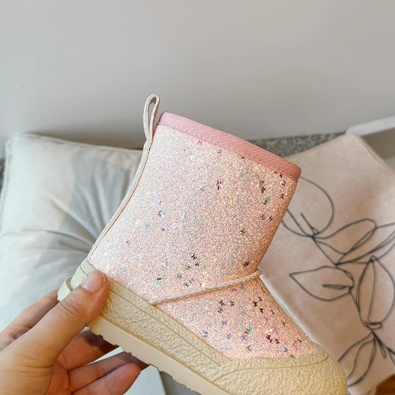 Bottes à paillettes en coton pour filles, taille 26-36, nouveau style hiver 2024, plus veet, deuxième chaussures décontractées pour enfants et bébé_voghion.com