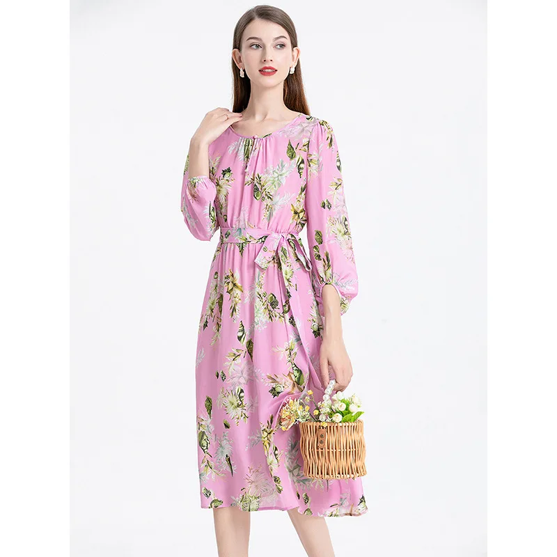 

Elegant Silk Dress for Women, O-Neck, Three Quarter Sleeve, Waist Lace-up Bodycon Dress, Mulberry Silk Dresses