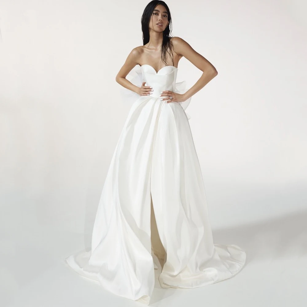 

Женское свадебное платье со шлейфом It's yiiya, Белое Атласное Платье до пола без бретелек с разрезом спереди и открытой спиной на лето 2019