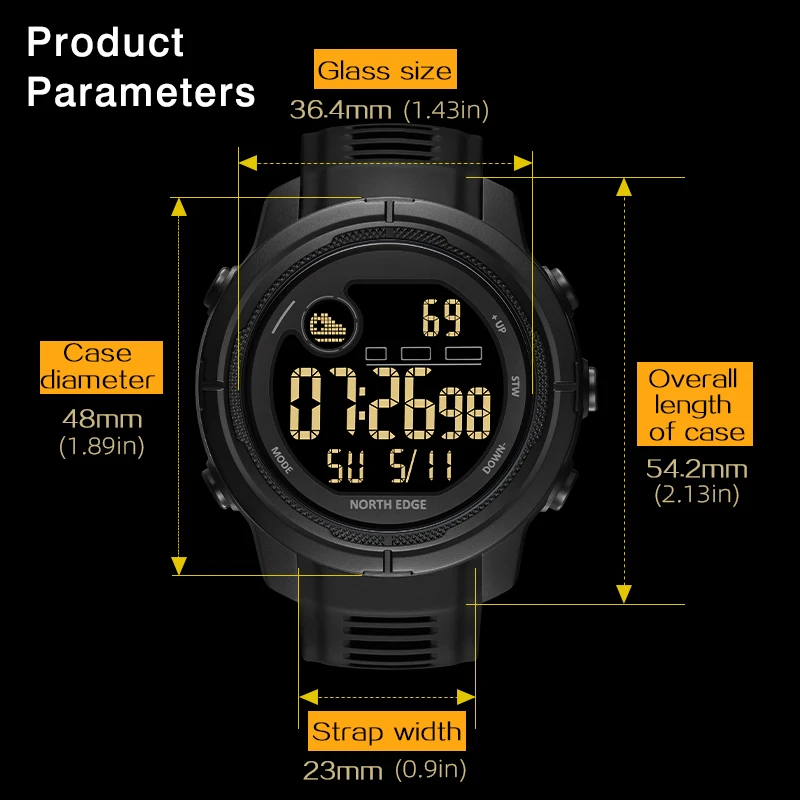 NORTH EDGE MARS 5 smartwatch voor heren digitaal horloge buiten militaire sport LED-horloges waterdicht 50M HR & SpO2 Health Trackr - Afbeelding 6
