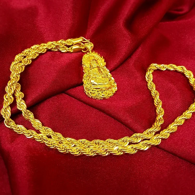 Men's 9999 24K Real Gold Necklace Fashionable Accessories to Ensure Safety Maitreya Guanyin Hemp Rope Necklace for Men