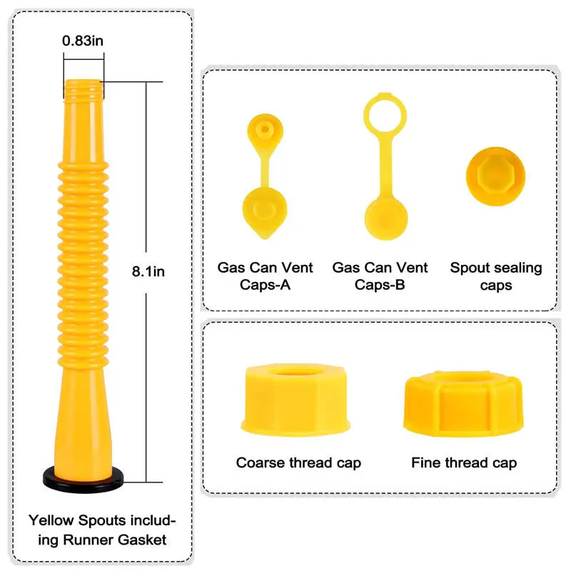 Gas Can Spout Replacement, Gas Can Nozzle Kit with Screw Collar Caps,  Gasket Stopper,and 2 Kinds Gas Can Vent Cap for Most Style Gas Can, Highly