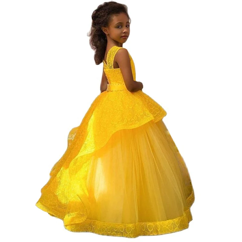

Yellow Girls Party Gowns Lace First Communion Dress Tiered Ruffles Flower Girl Dresses for Weddings Long