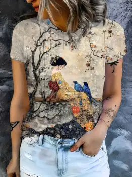 Beige Women's Tee - Japanese Geisha & Blue Birds Graphic, Artistic Oriental Print Design for Casual Daily Wear 1