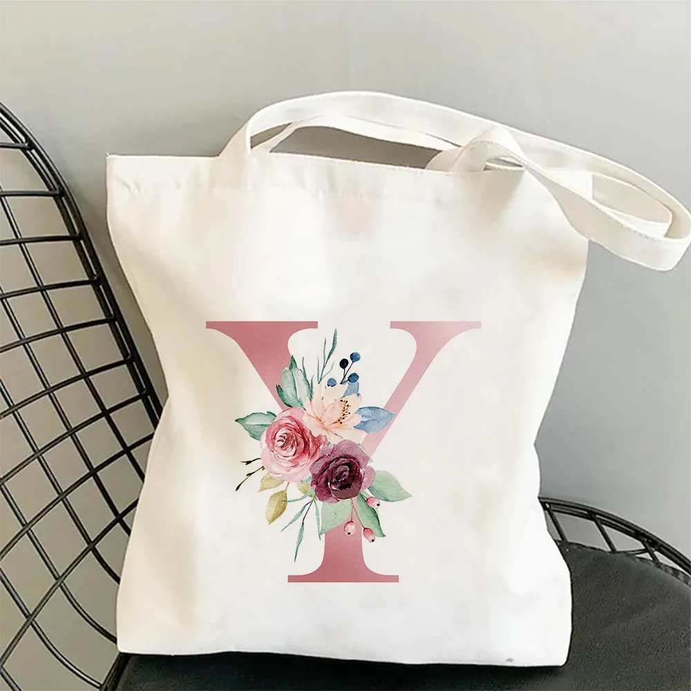 Damen ABC Canvas Tote Umhängetasche Aquarell Blumen Initiale Rosa Blau Lila Blumen Minimalistisch Lässig Öko Handtasche Damen Tasche – Detail 28