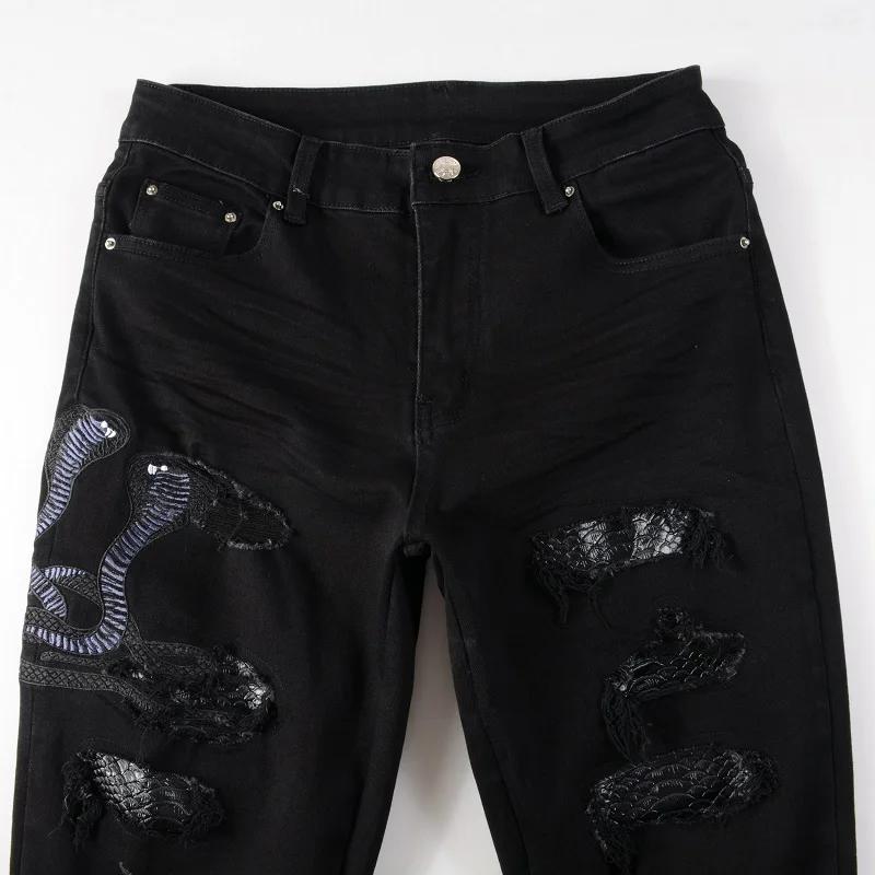 Men Snake Embroidery Jeans Skinny Tapered Stretch Denim Pants Streetwear Holes Ripped Leather Patch Patchwork Trousers Black 4