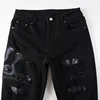 Men Snake Embroidery Jeans Skinny Tapered Stretch Denim Pants Streetwear Holes Ripped Leather Patch Patchwork Trousers Black 4