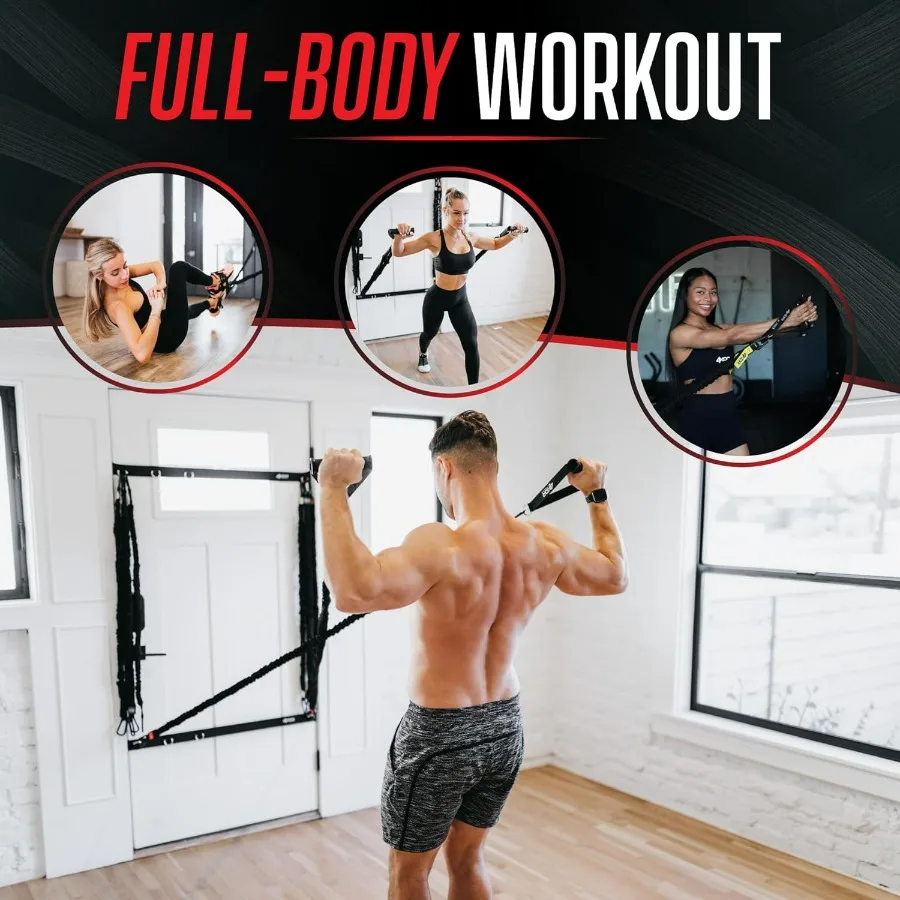 Deluxe Shoulder and Full Body Cross Anchored Resistance Cord System with Interchangeable Handles, Foot Straps, and Workout Guide