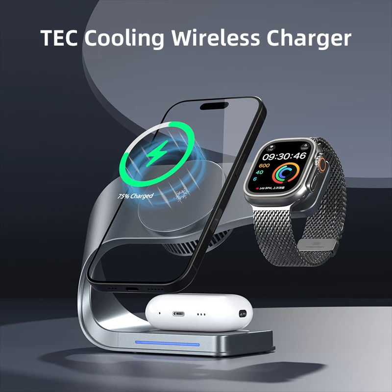 3 in 1 TEC Cooling Magnetic Wireless Charger Phone Stand For Magsafe iPhone 17~12 Pro Max Apple Watch Airpods Pro Fast Charging