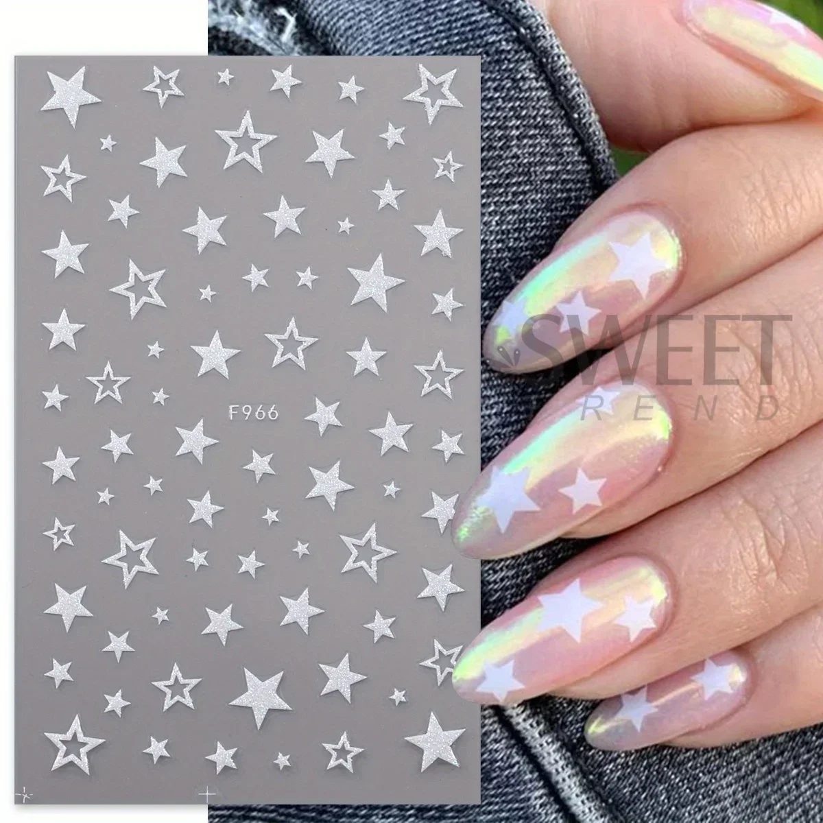 3pcs Glitter Holographic Nail Stickers Shimmer White Heart Star Butterfly Design 3D Decals Sliders Kawaii Theme Manicure Decor