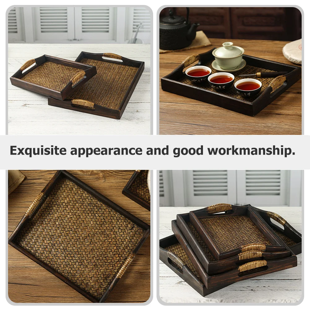 Wooden Woven Tray Rectangular Serving Plate Wood Tray Fruit Snack Tea Cup Holder Household Platter Nuts Dessert Kitchen Dining