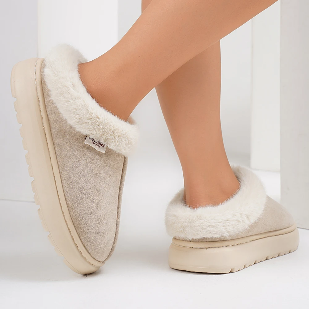 Comwarm Platform Fluffy Slippers Women Fashion Fuzzy Slippers House Plush Winter Women Shoes Home Cotton Shoes Large Size