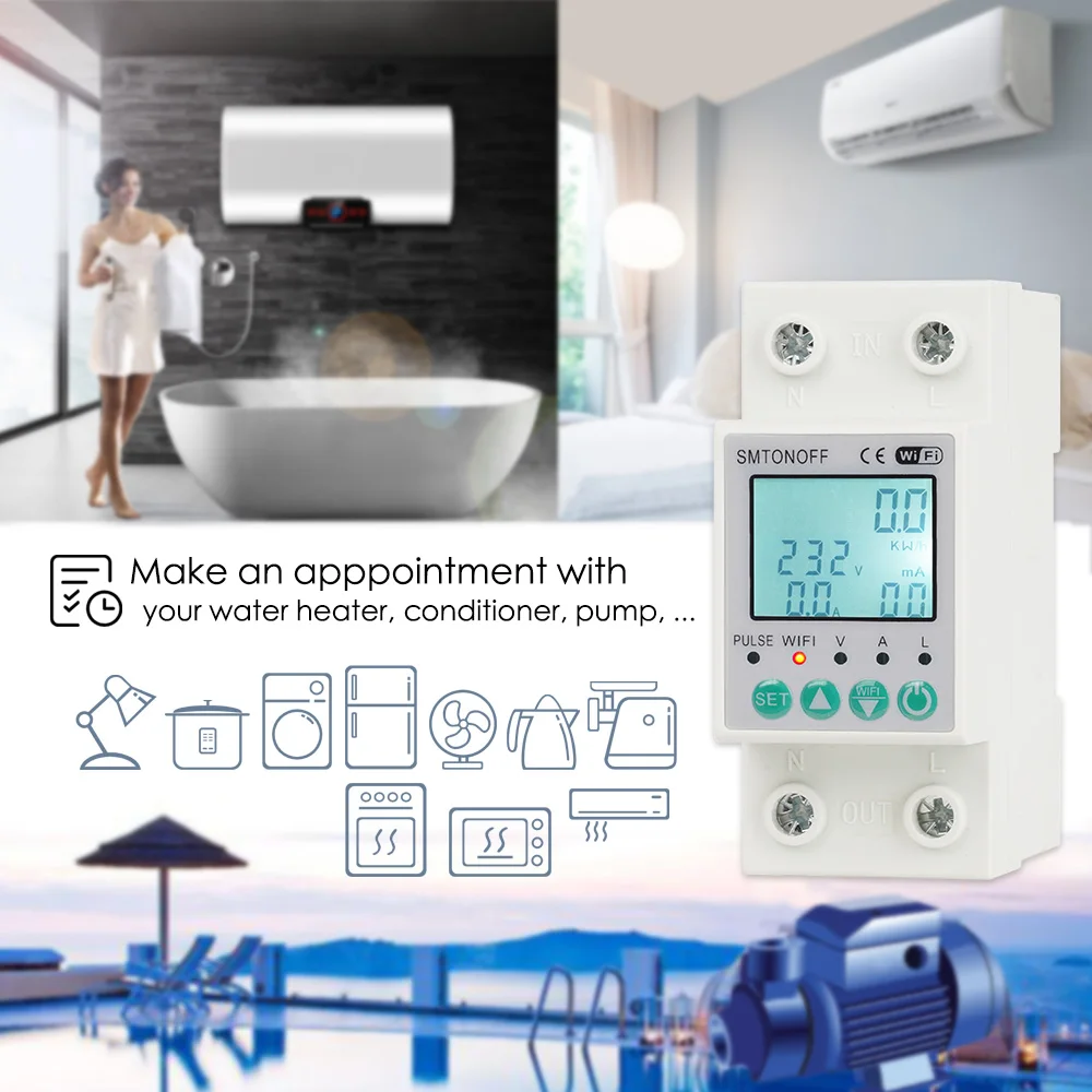 Tuya WiFi 2P 63A Bi-directional Measuring Prepaid kWh Meter Auto-reclosing Over