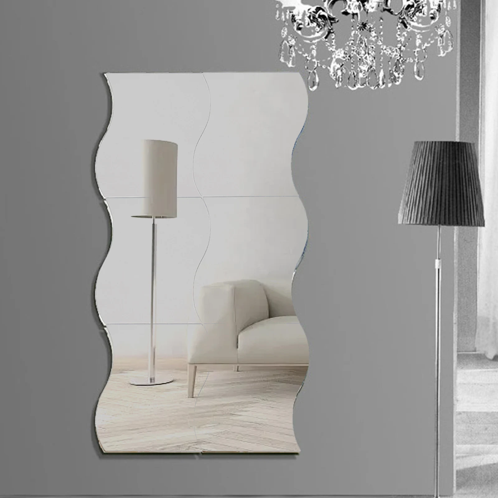 Mirror Tiles Wall Stickers Self Adhesive Acrylic Mirror Wall Stickers Wave Shapes Bedroom Bathroom Arts Decals Home Decor 6PCS Wall Stickers